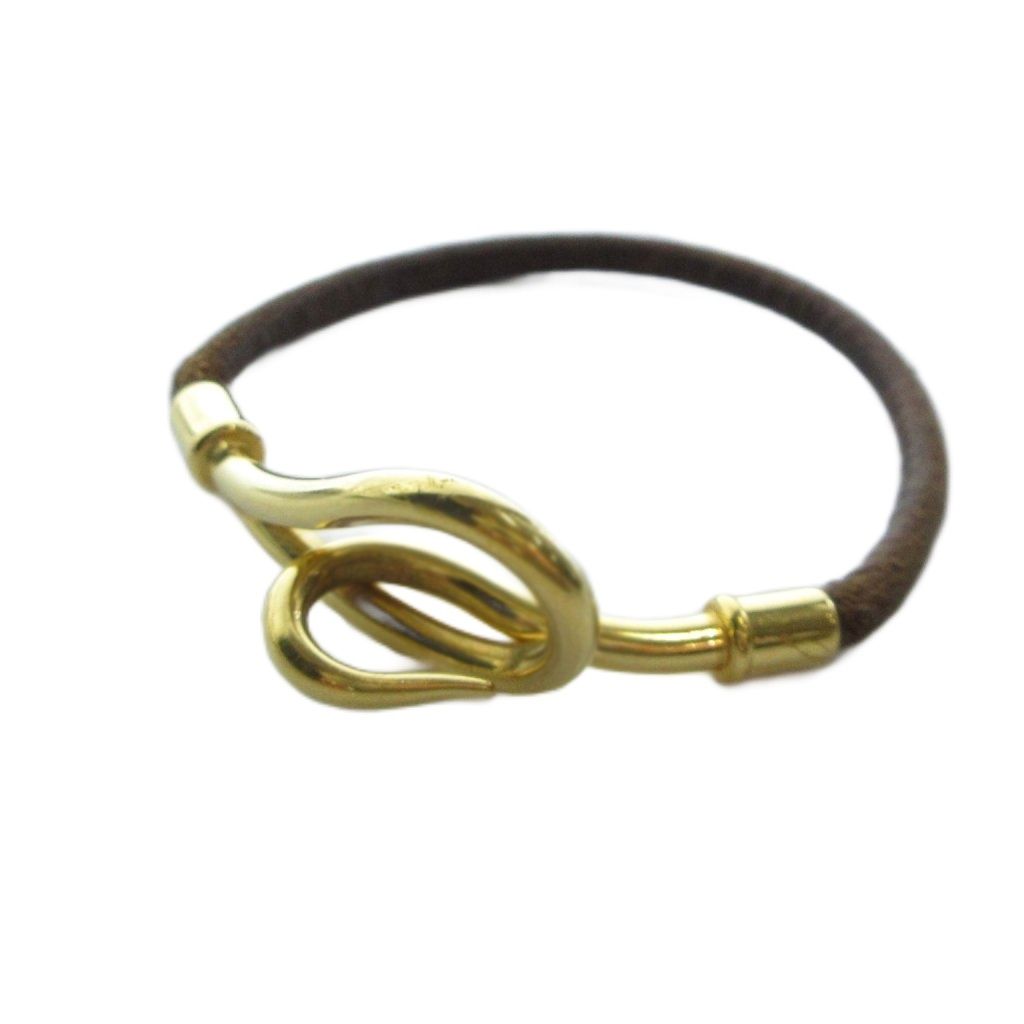 Hermes Jumbo Bracelet Bangle Leather Gold Color Brown