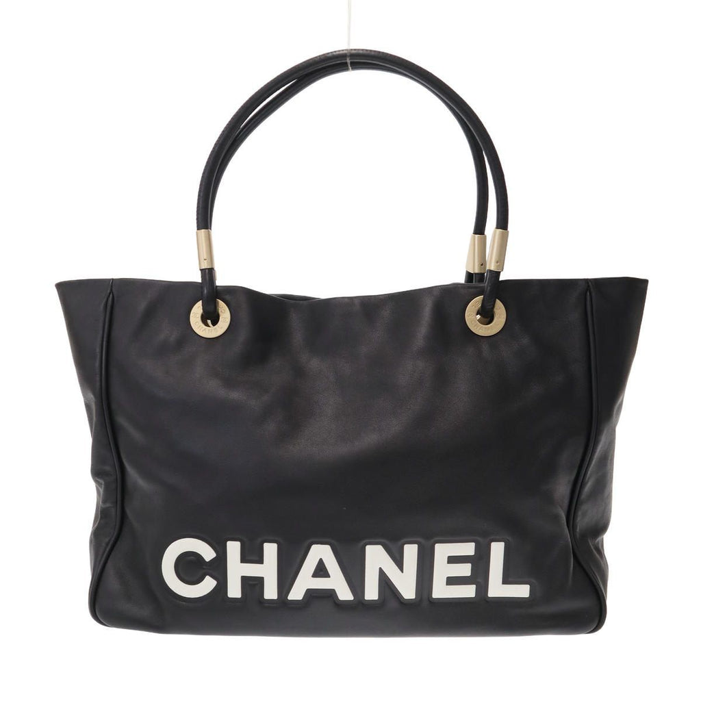 Chanel Camellia Logo Leather Tote Bag Black