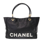 Chanel Camellia Logo Leather Tote Bag Black