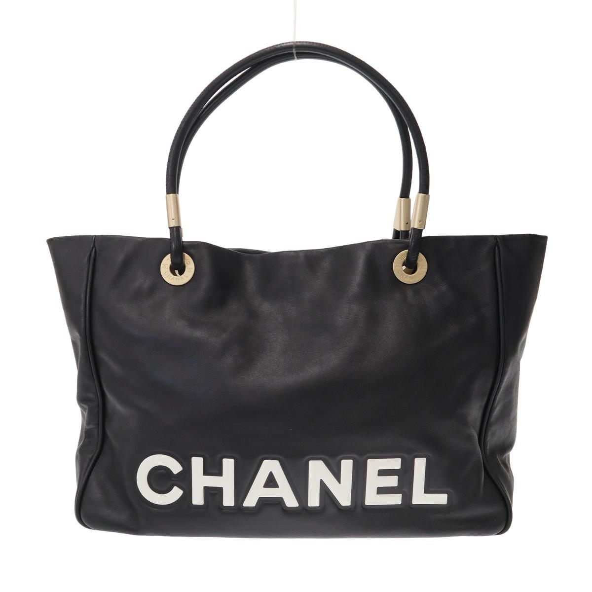 Chanel Camellia Logo Leather Tote Bag Black