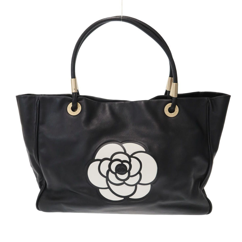 Chanel Camellia Logo Leather Tote Bag Black — view 2