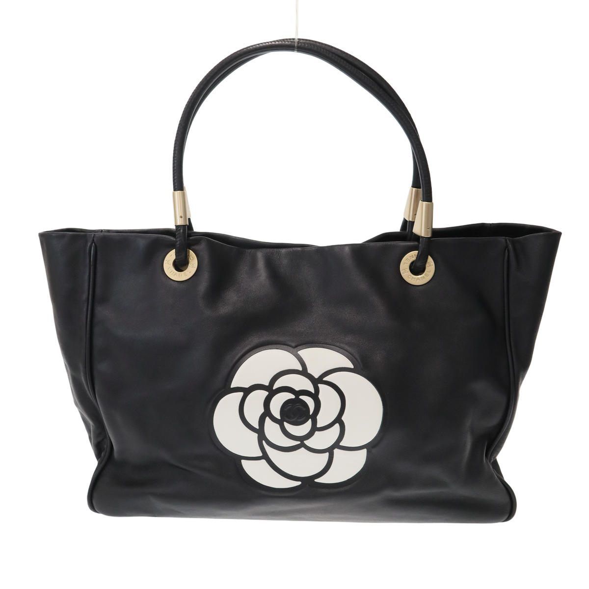 Chanel Camellia Logo Leather Tote Bag Black — view 2