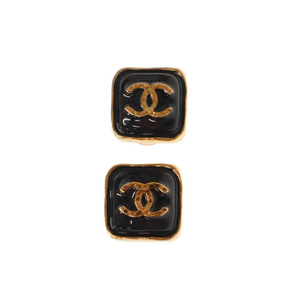 Chanel CC Logo Square Stone Earrings Set Gold Black