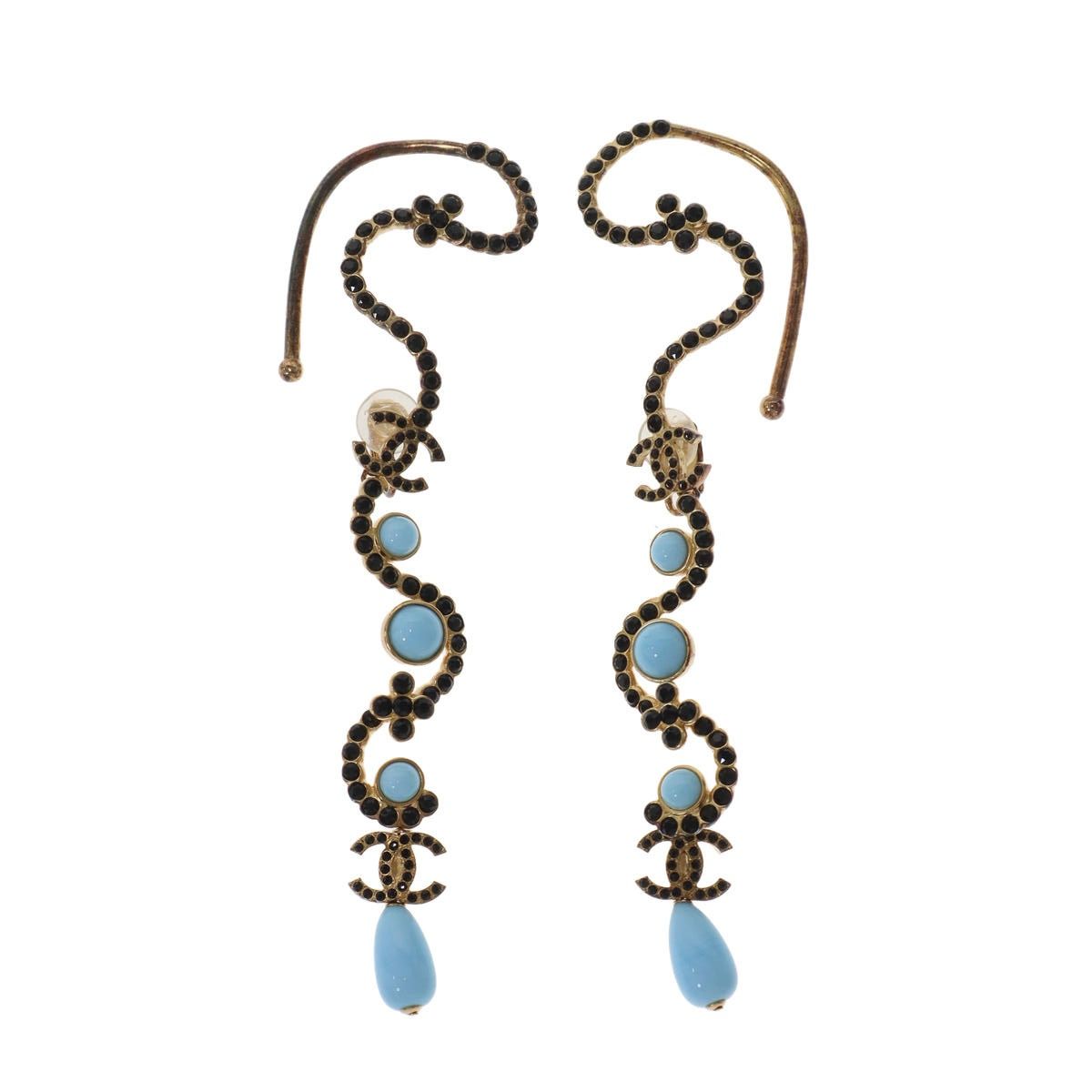 Chanel 23C CC Logo Stone Earrings Set Gold Blue