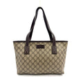 Gucci GG Supreme Leather Canvas Khaki Beige Dark Brown Tote Bag Silver