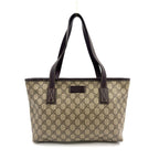Gucci GG Supreme Leather Canvas Khaki Beige Dark Brown Tote Bag Silver