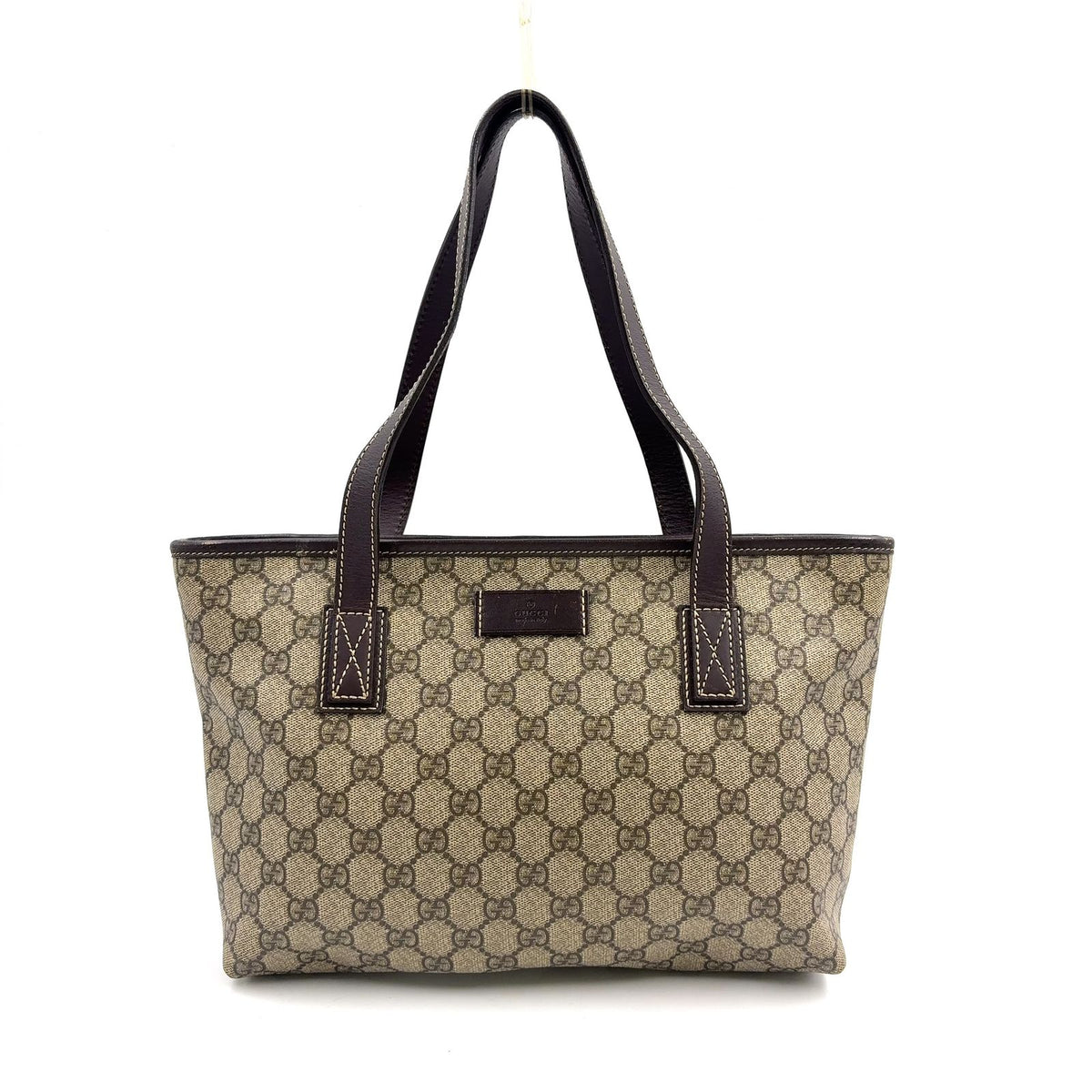 Gucci GG Supreme Leather Canvas Khaki Beige Dark Brown Tote Bag Silver