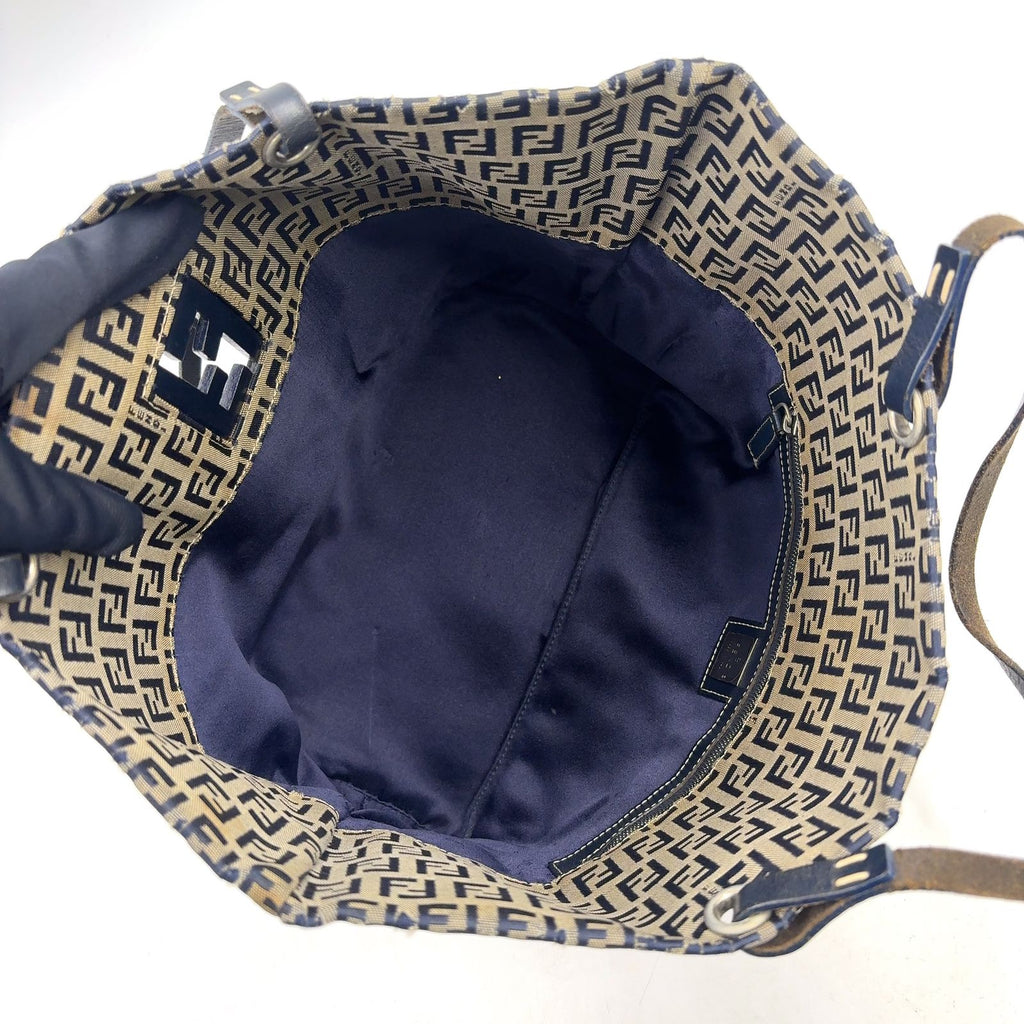 Fendi Zucca Pattern Leather Canvas Navy Brown Tote Bag Silver — view 3