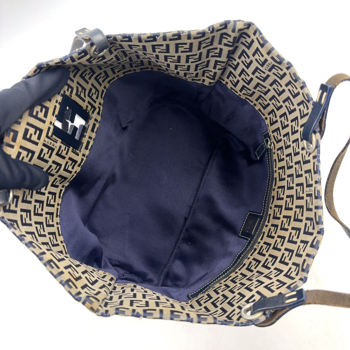 Fendi Zucca Pattern Leather Canvas Navy Brown Tote Bag Silver — view 3