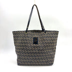 Fendi Zucca Pattern Leather Canvas Navy Brown Tote Bag Silver