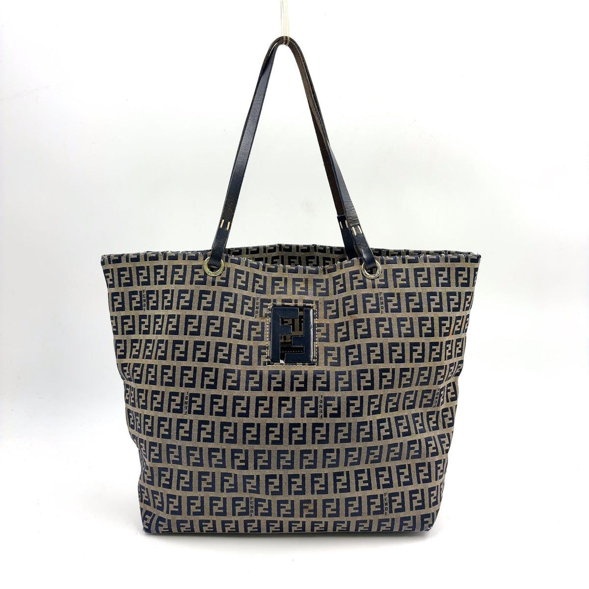 Fendi Zucca Pattern Leather Canvas Navy Brown Tote Bag Silver