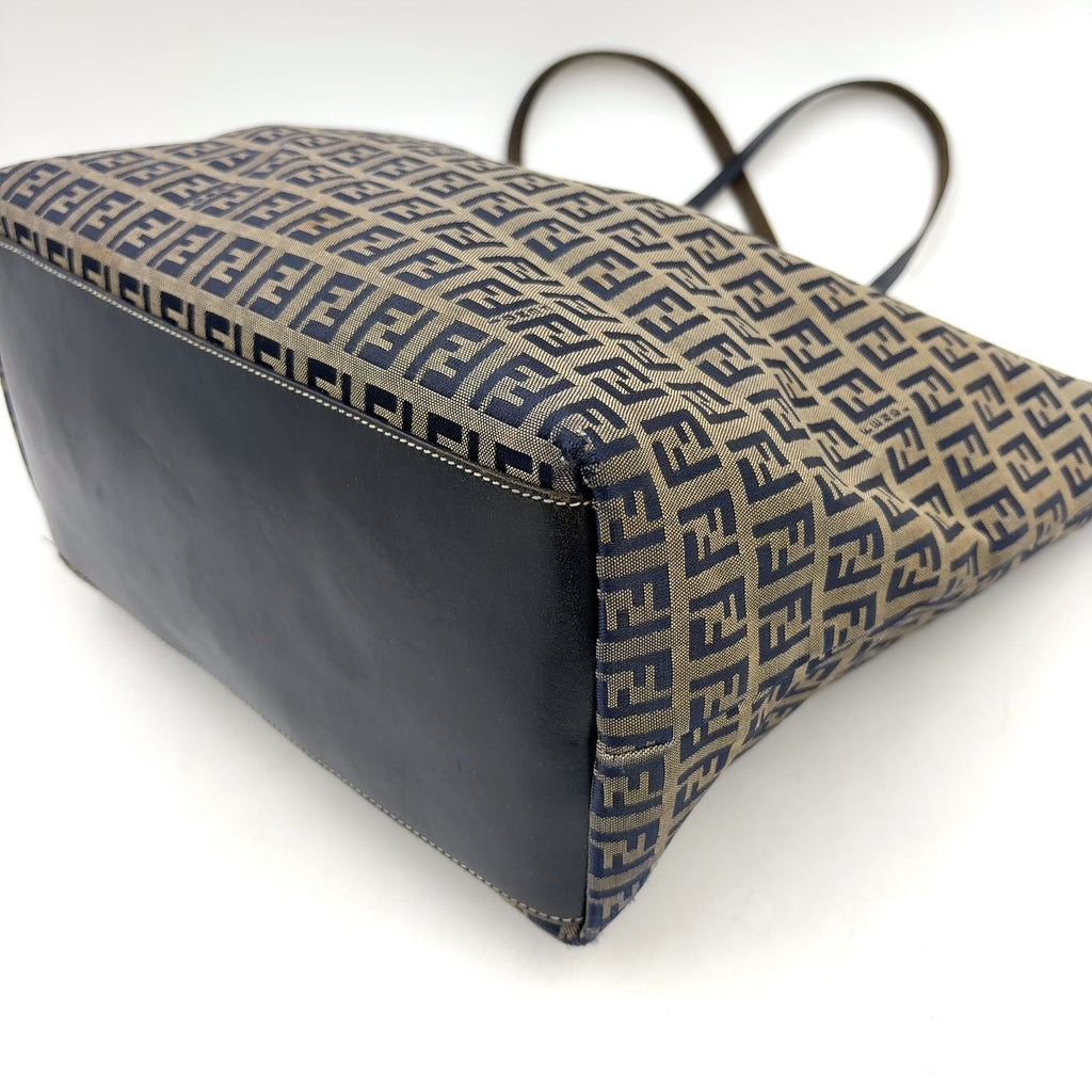 Fendi Zucca Pattern Leather Canvas Navy Brown Tote Bag Silver — view 7