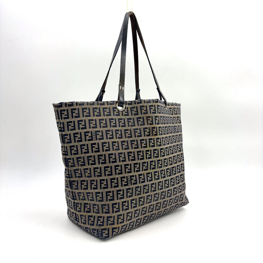Fendi Zucca Pattern Leather Canvas Navy Brown Tote Bag Silver — view 2