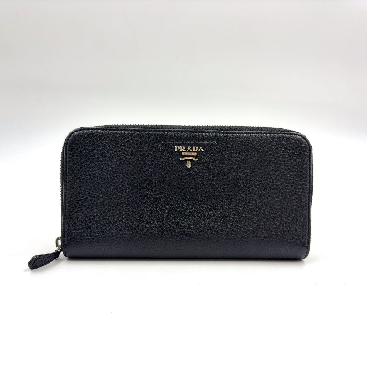 Prada Vitello Daino Zip Around Leather Black Wallet Silver