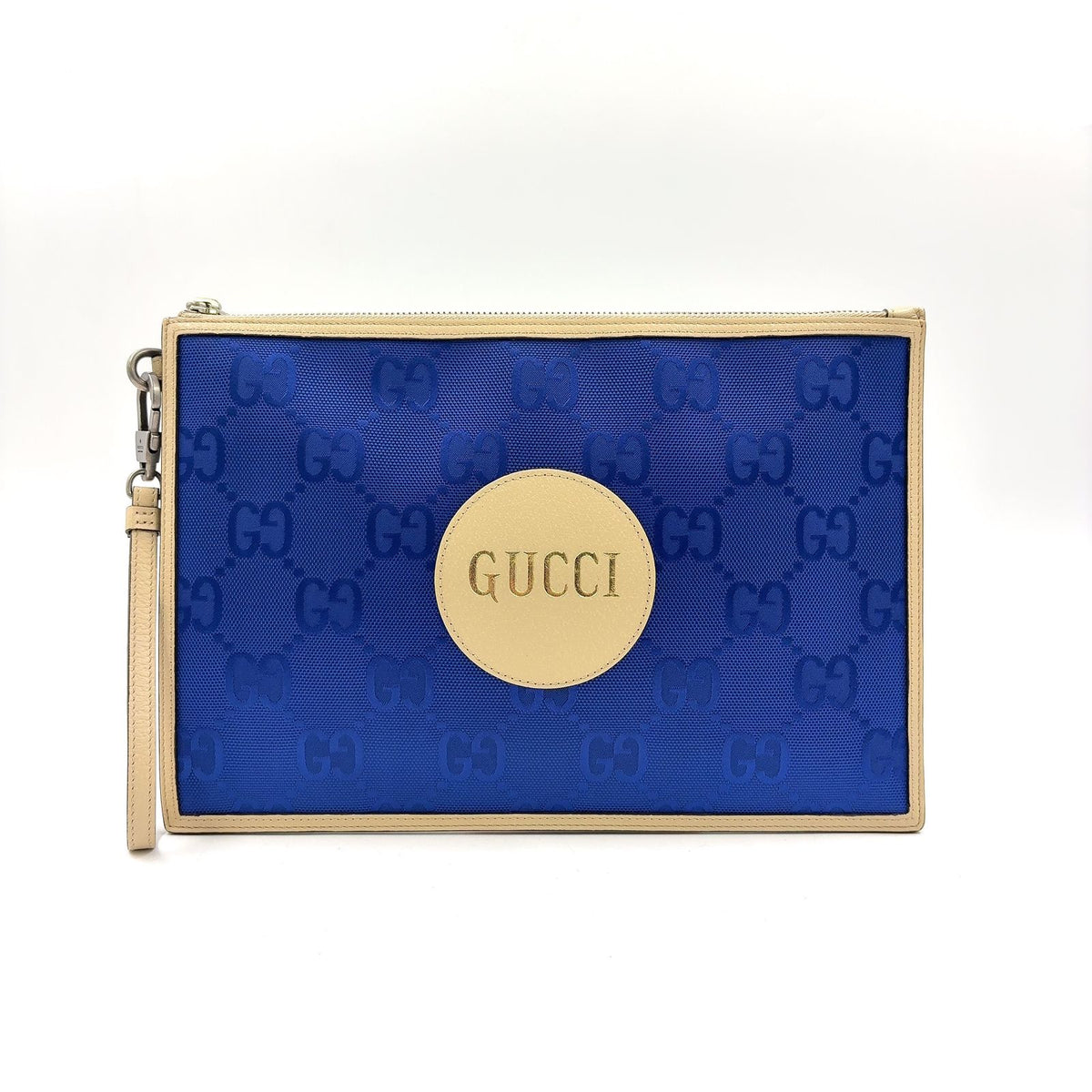 Gucci Off the Grid GG Pattern Leather Nylon Ivory Blue Clutch Silver