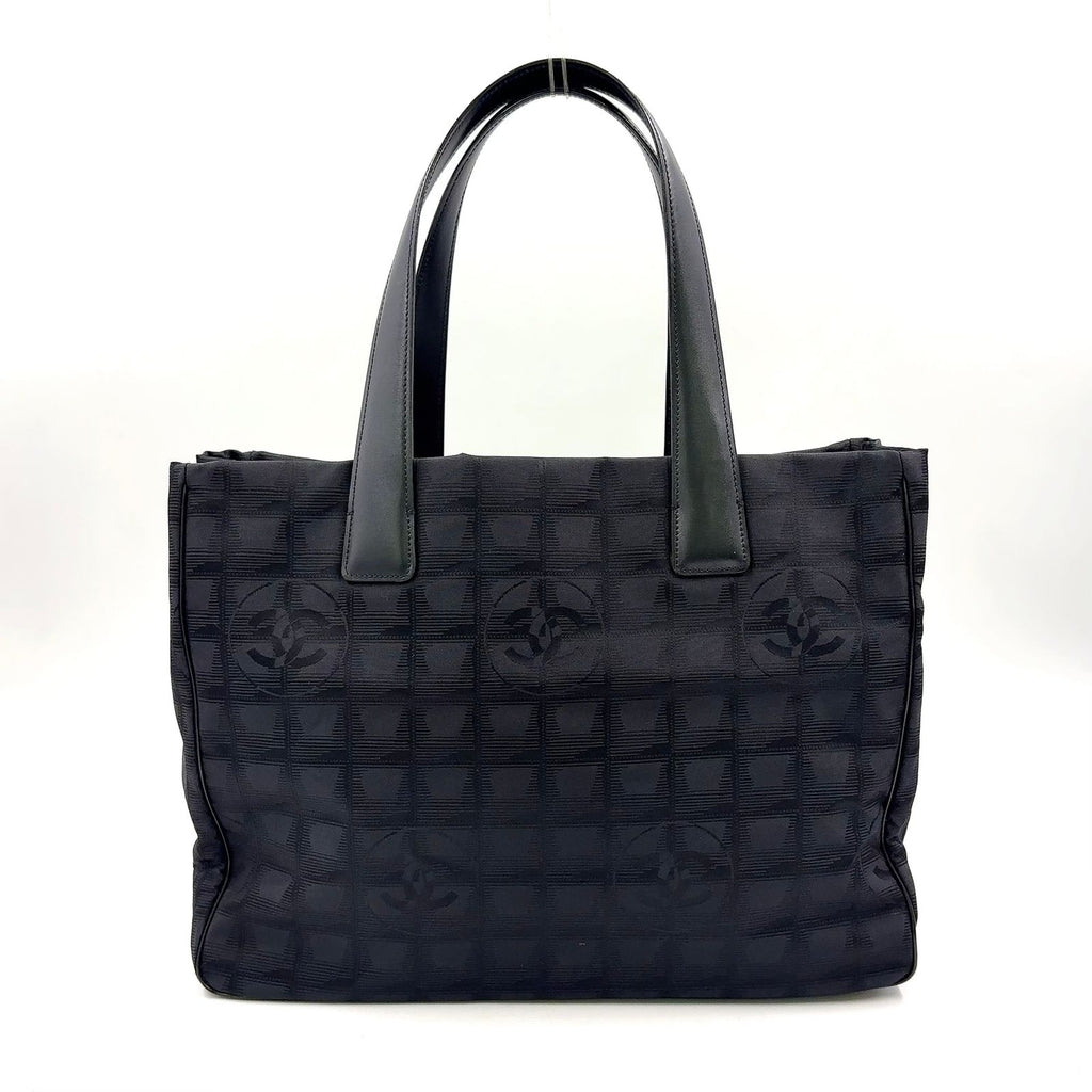 Chanel New Travel Line MM Leather Nylon Black Tote Bag Gold