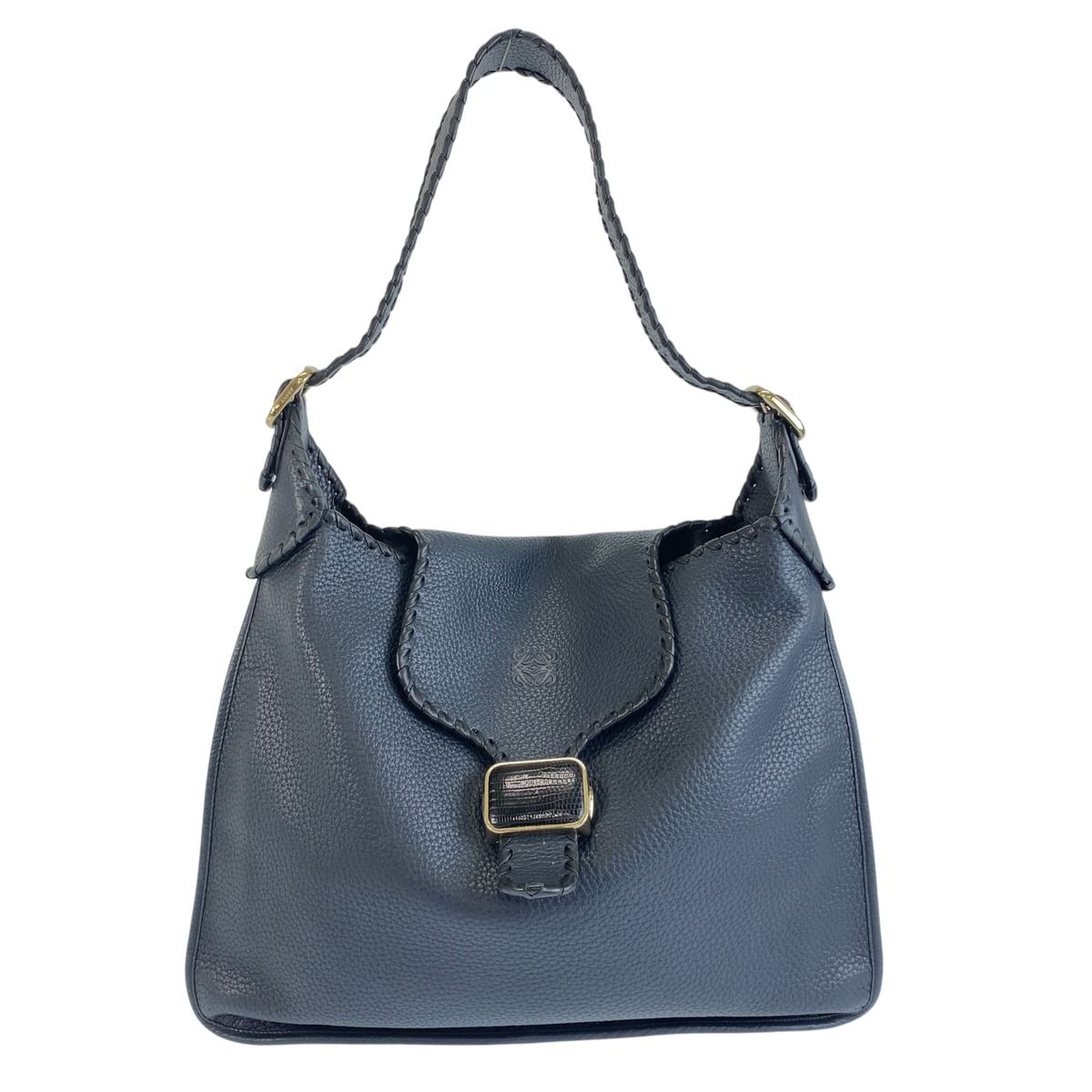 Loewe Anagram Navy Gold Leather Lizard Hobo Shoulder Bag