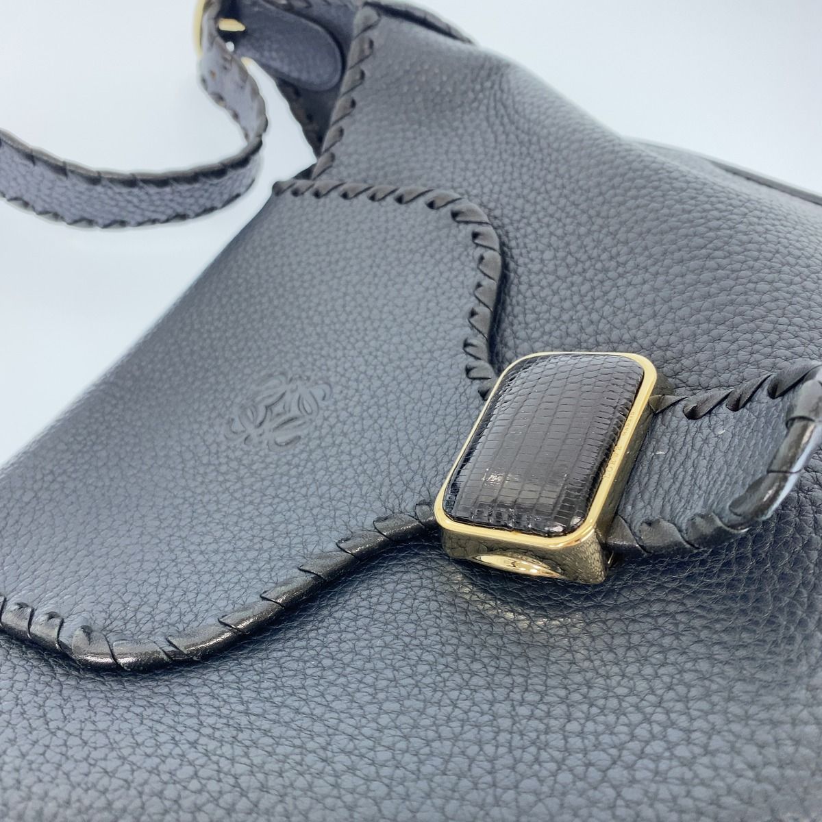 Loewe Anagram Navy Gold Leather Lizard Hobo Shoulder Bag — view 4