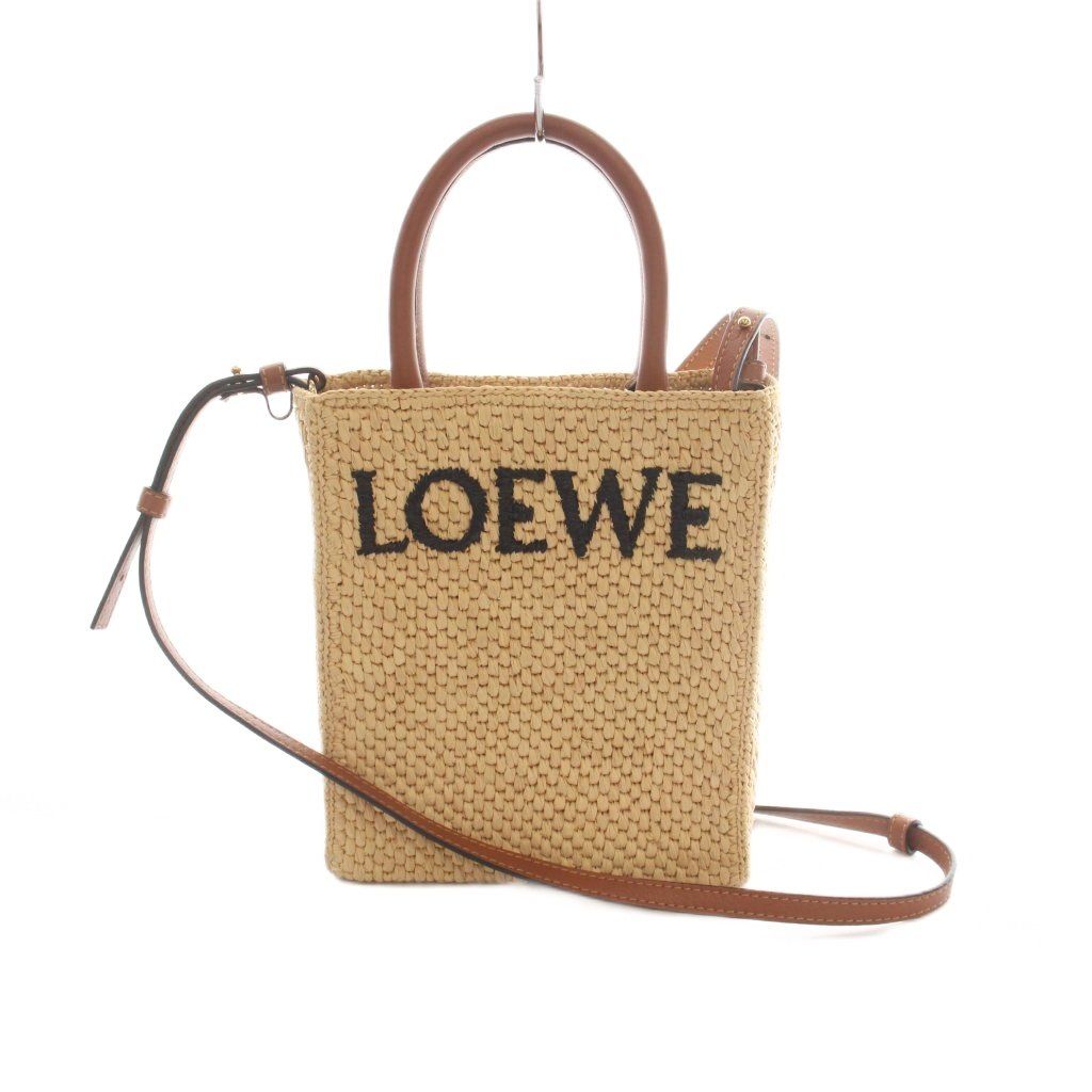 Loewe 2-Way Raffia Standard Tote Shoulder Bag Logo Leather Beige Brown