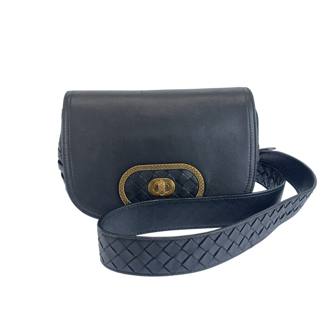 Bottega Veneta Intrecciato Black Gold Leather Crossbody Shoulder Bag