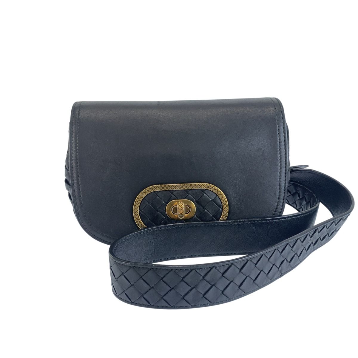 Bottega Veneta Intrecciato Black Gold Leather Crossbody Shoulder Bag