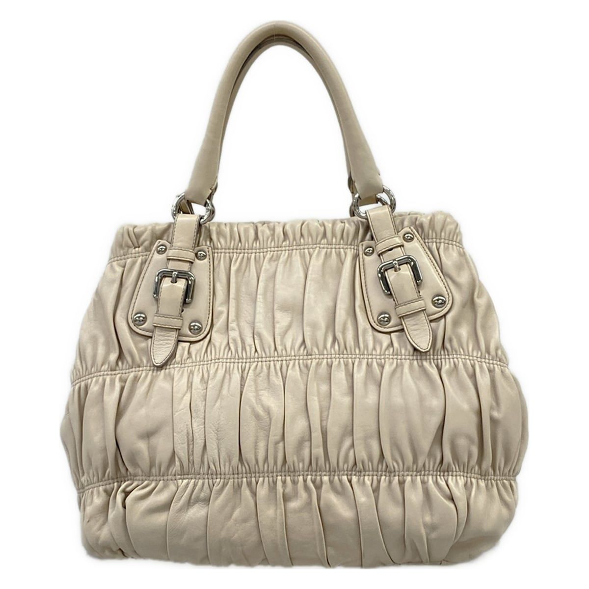 Prada Handbag Gathered Bag Light Gray Leather Tag — view 3