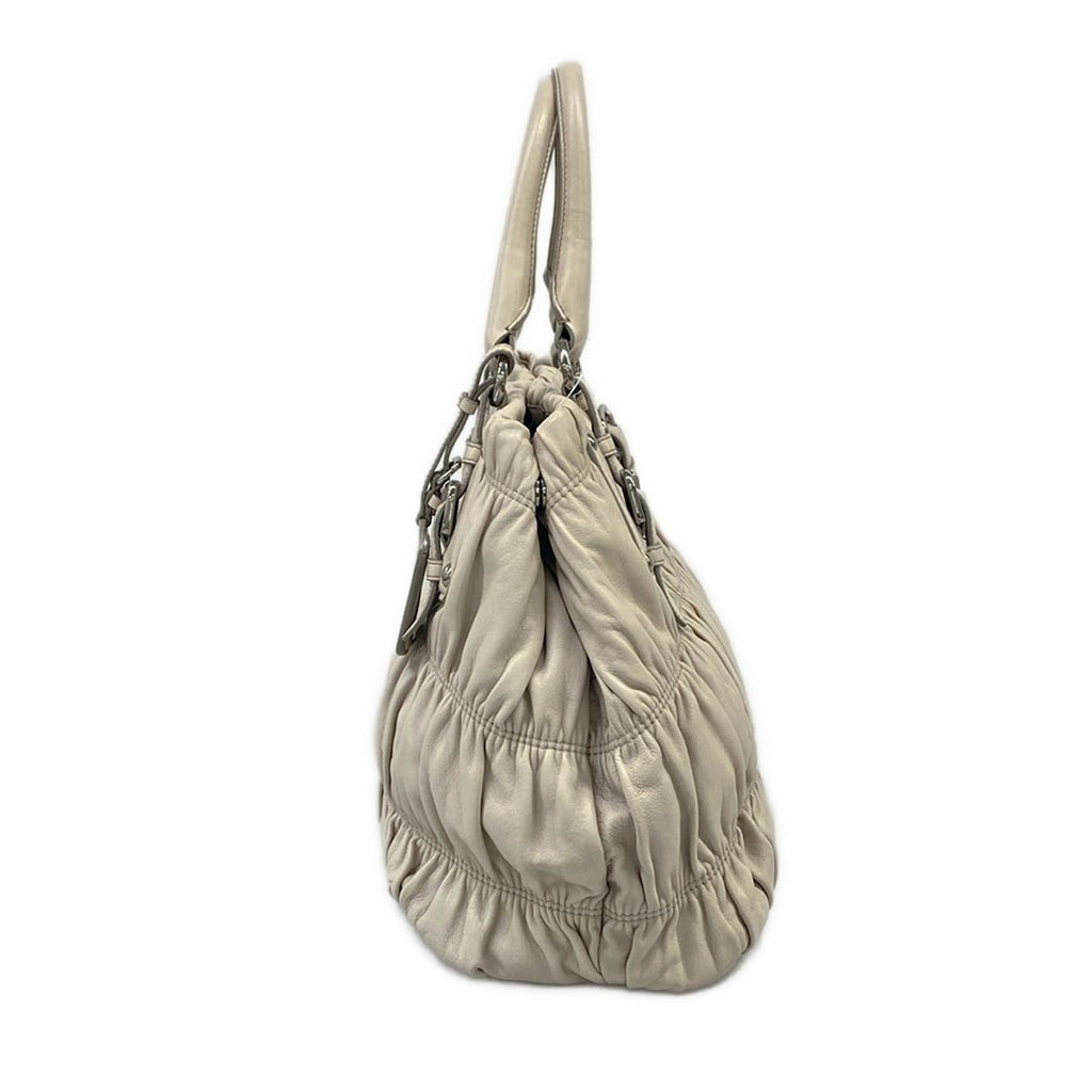 Prada Handbag Gathered Bag Light Gray Leather Tag — view 4