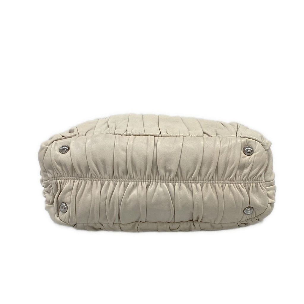 Prada Handbag Gathered Bag Light Gray Leather Tag — view 5