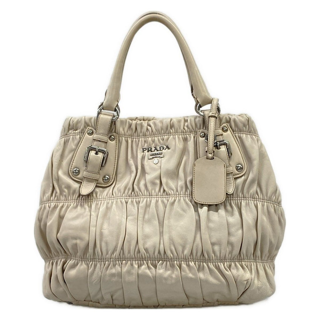 Prada Handbag Gathered Bag Light Gray Leather Tag