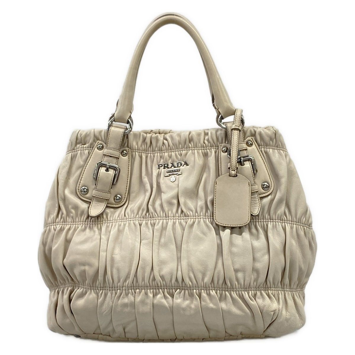 Prada Handbag Gathered Bag Light Gray Leather Tag