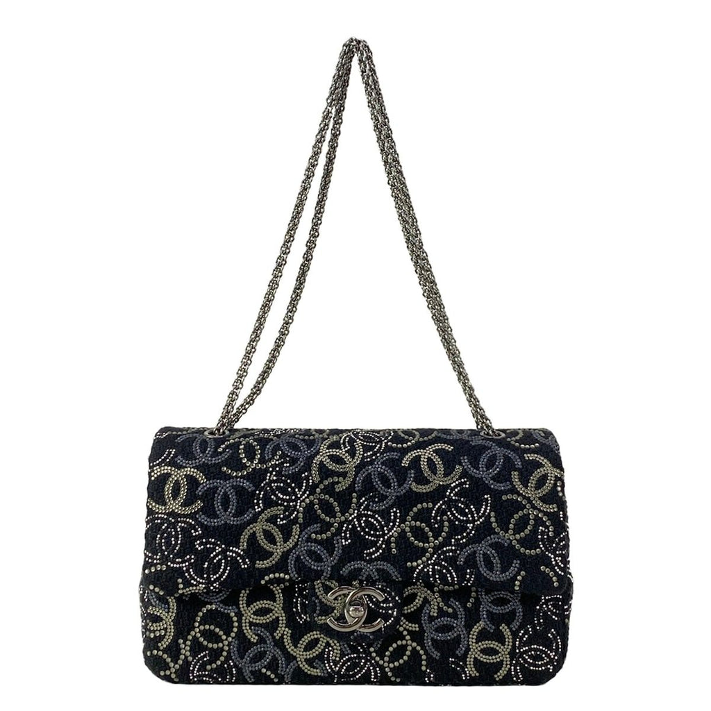 Chanel Shoulder Bag CC Rhinestone Quilted Black Silver Wool
