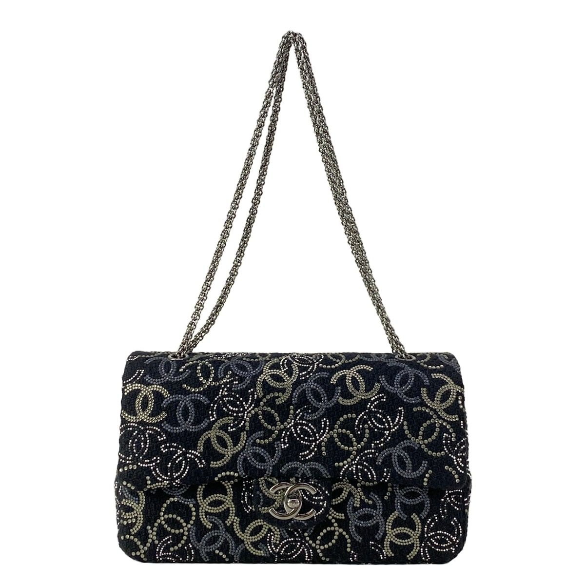 Chanel Shoulder Bag CC Rhinestone Quilted Black Silver Wool
