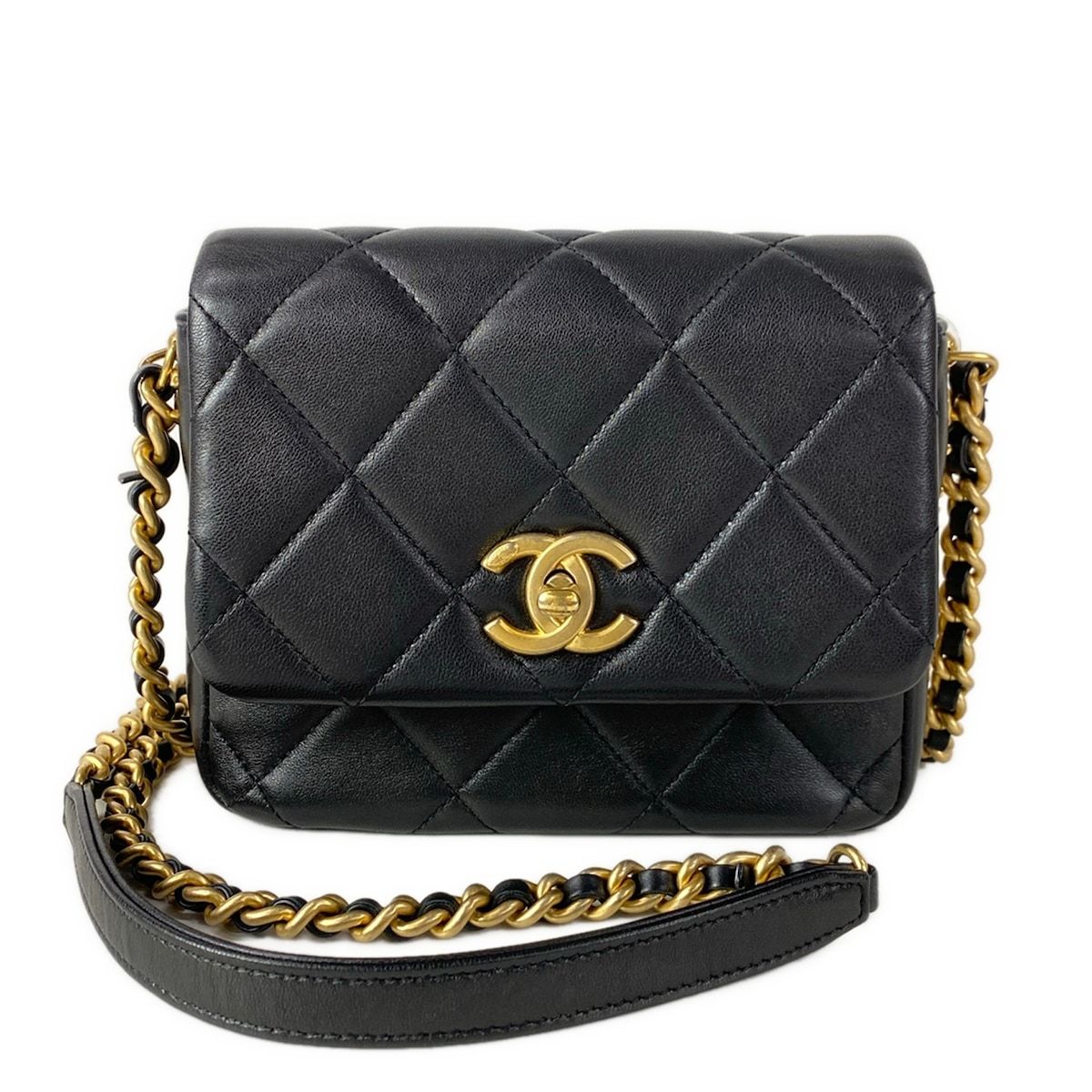 Chanel Shoulder Bag Mini Quilted Black Chain Gold Lambskin