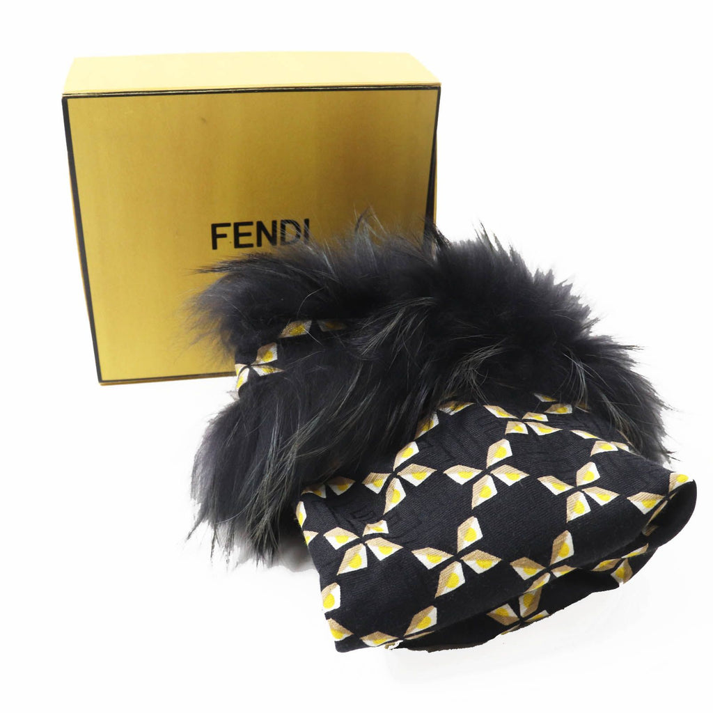 Fendi Silk Blend Raccoon Fur Zucca Pattern Scarf Black Yellow — view 2