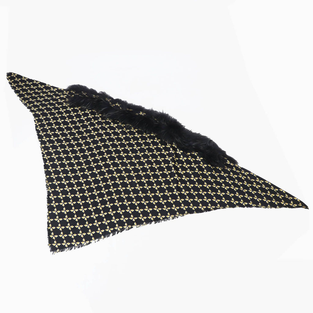 Fendi Silk Blend Raccoon Fur Zucca Pattern Scarf Black Yellow — view 6
