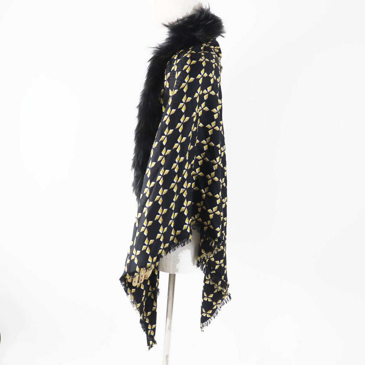 Fendi Silk Blend Raccoon Fur Zucca Pattern Scarf Black Yellow — view 4