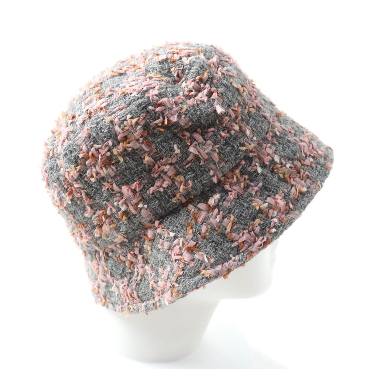 Chanel Alpaca Blend CC Logo Ribbon Tweed Bucket Hat Gray Pink — view 4