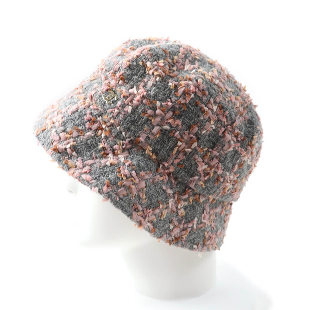 Chanel Alpaca Blend CC Logo Ribbon Tweed Bucket Hat Gray Pink — view 2