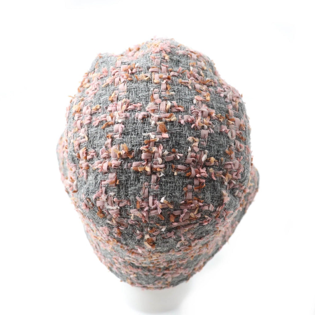 Chanel Alpaca Blend CC Logo Ribbon Tweed Bucket Hat Gray Pink — view 3
