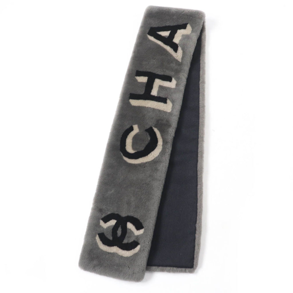 Chanel 20B Shearling Lining Cashmere CC Logo Design Tippet Shawl Gray Scarf