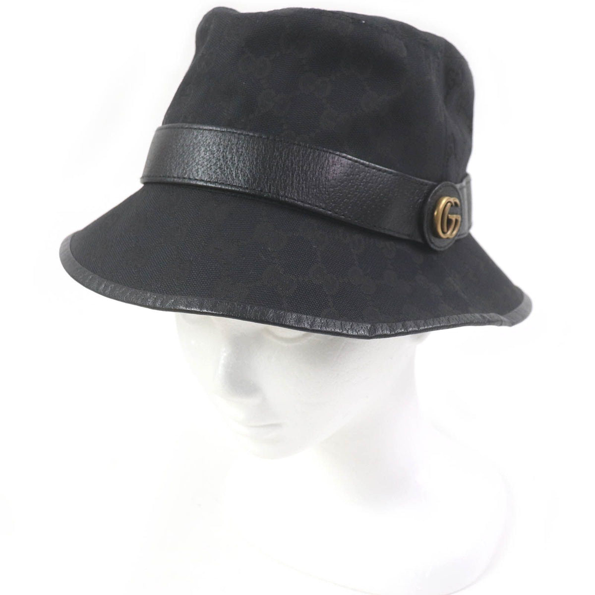 Gucci GG Canvas Leather Piping Fedora Hat Bucket Hat Black