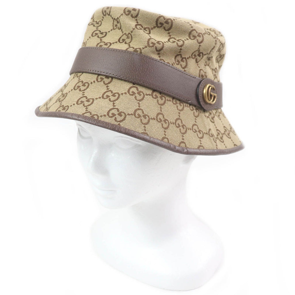 Gucci GG Canvas Leather Piping Bucket Hat Fedora Hat Beige