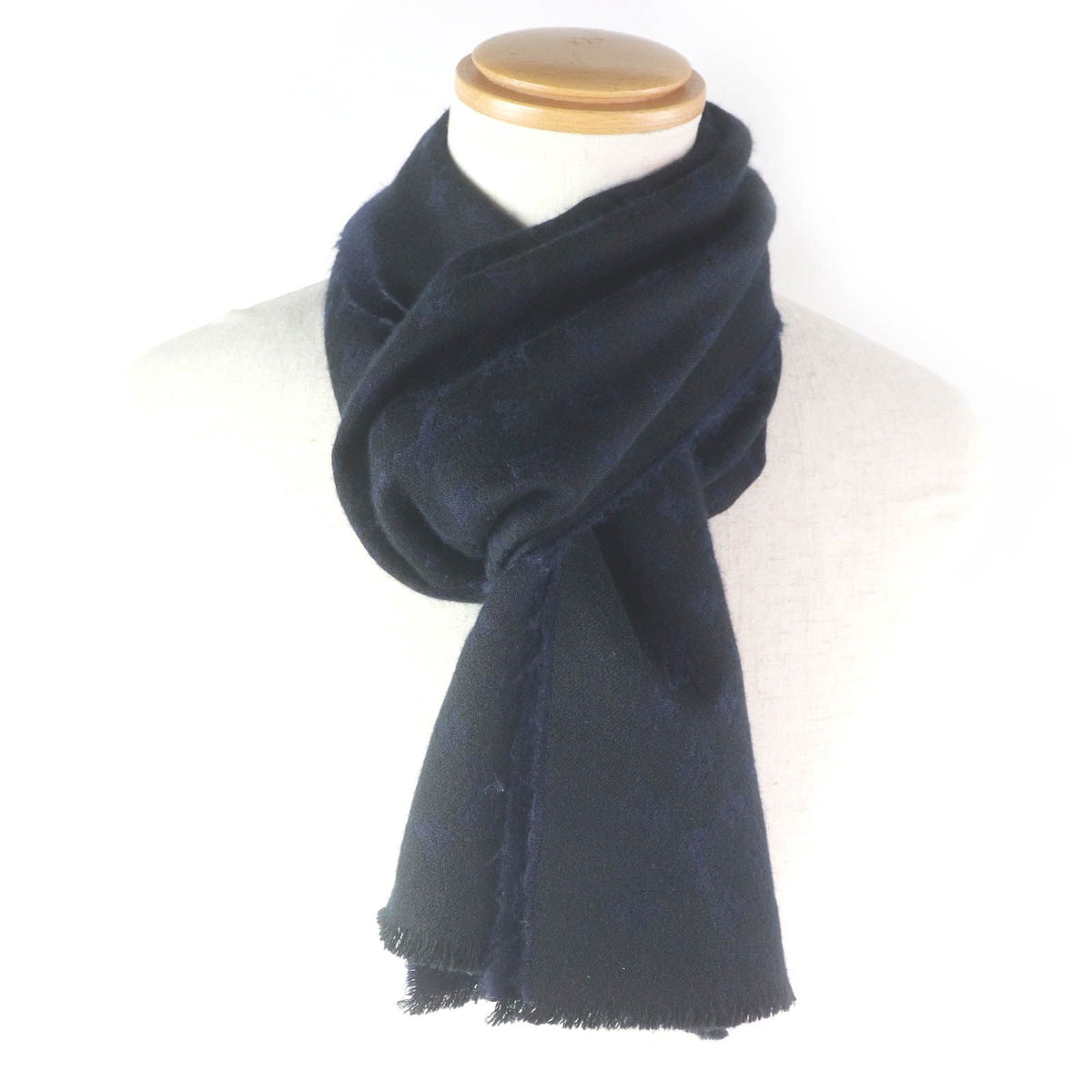Louis Vuitton Cashmere 100% Monogram Fringe Shawl Scarf Black Navy — view 2