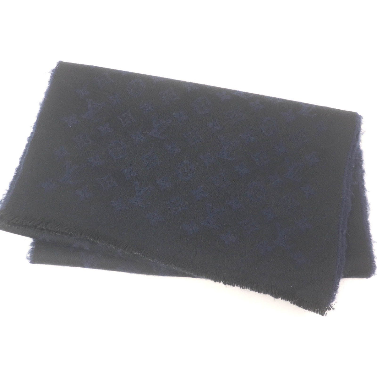 Louis Vuitton Cashmere 100% Monogram Fringe Shawl Scarf Black Navy