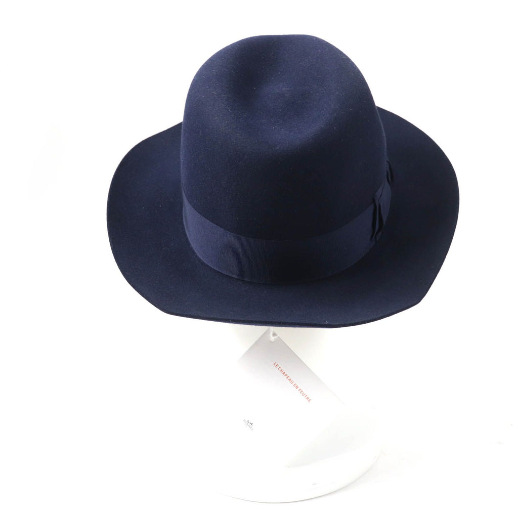 Hermes Rabbit Felt Lining Silk 100% Leather Hat Navy 56 — view 4