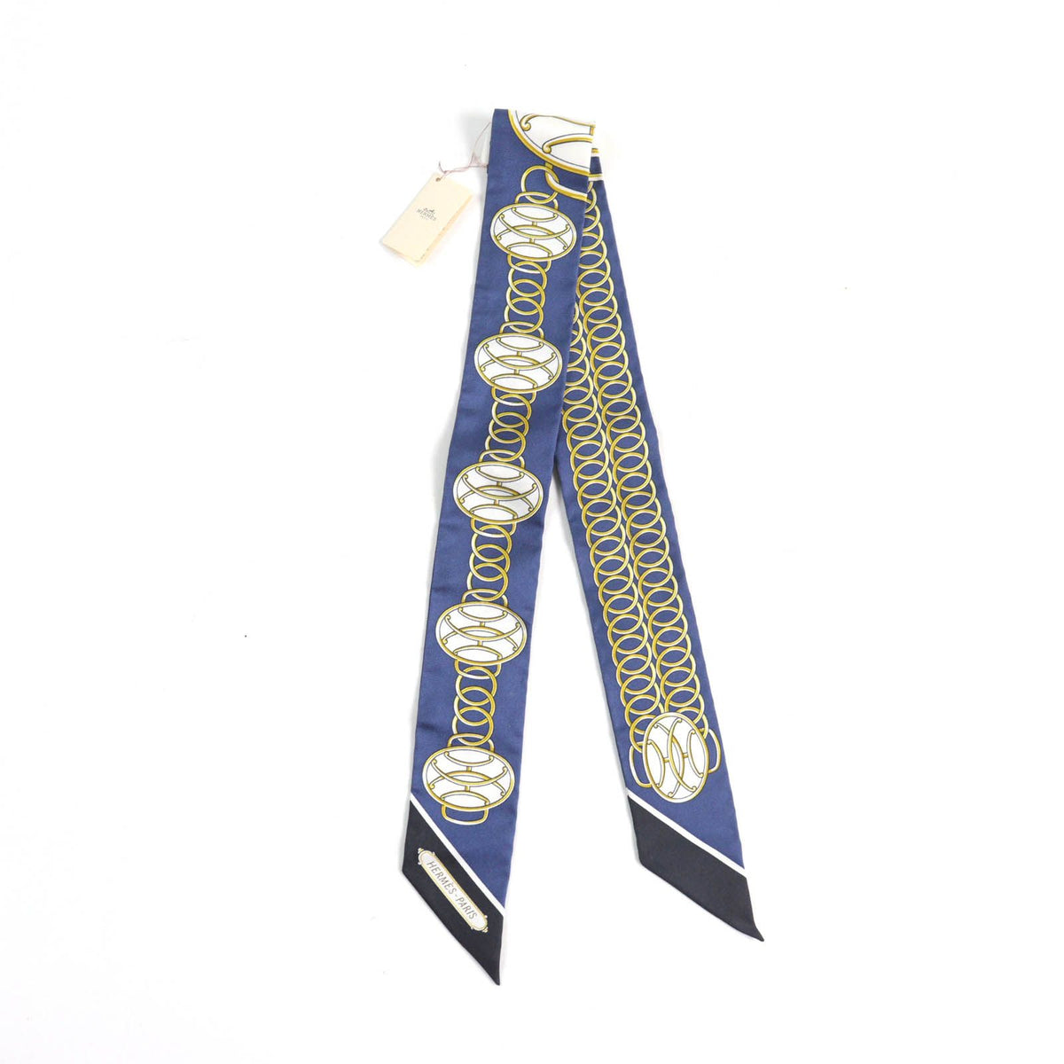 Hermes Twilly Lift Profile Silk 100% Marine Noir Gold Scarf