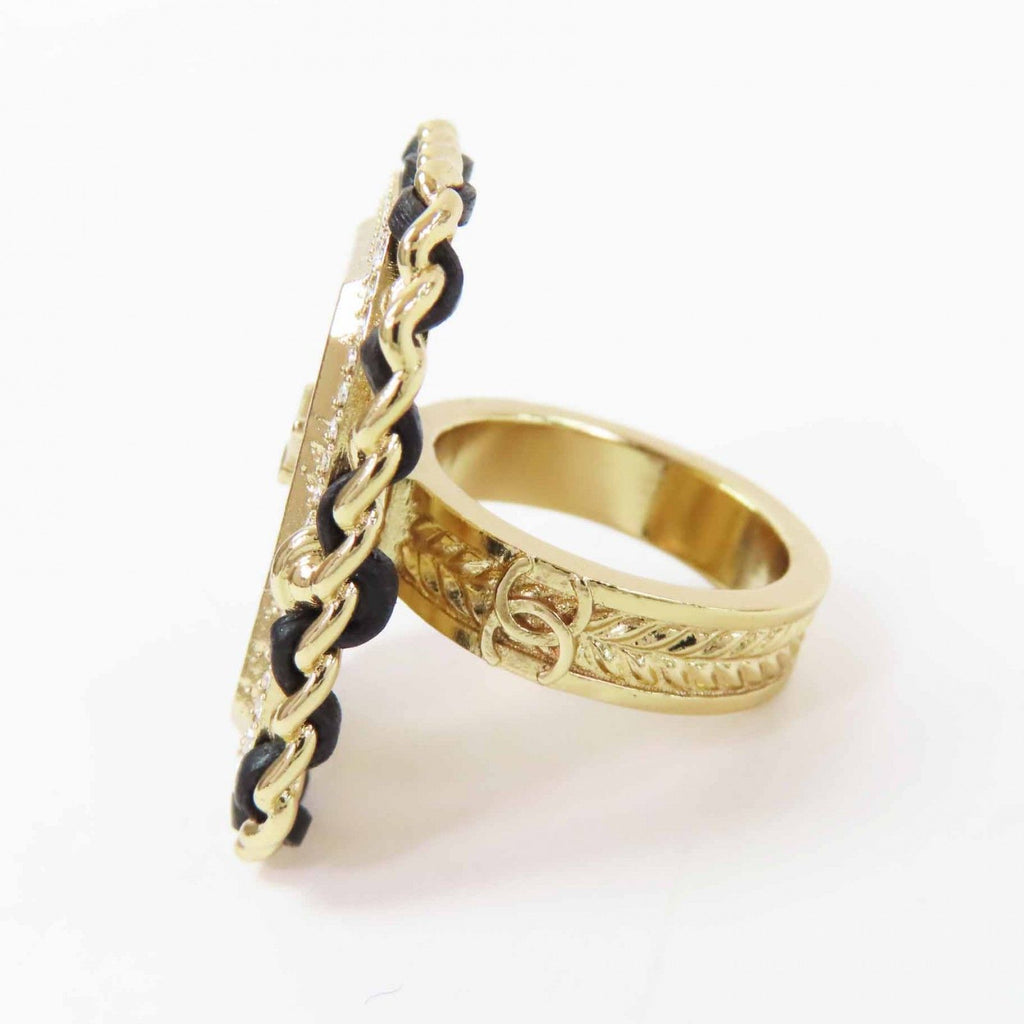 Chanel Premiere Watch Design CC Logo Rhinestone Decoration Ring Black Gold — view 3