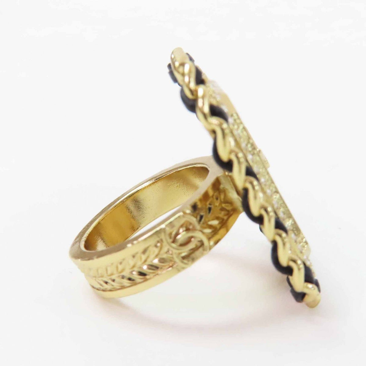 Chanel Premiere Watch Design CC Logo Rhinestone Decoration Ring Black Gold — view 5