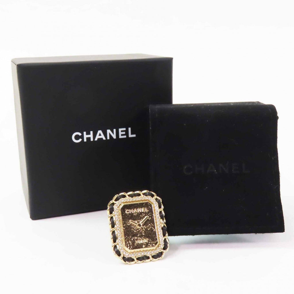 Chanel Premiere Watch Design CC Logo Rhinestone Decoration Ring Black Gold — view 2