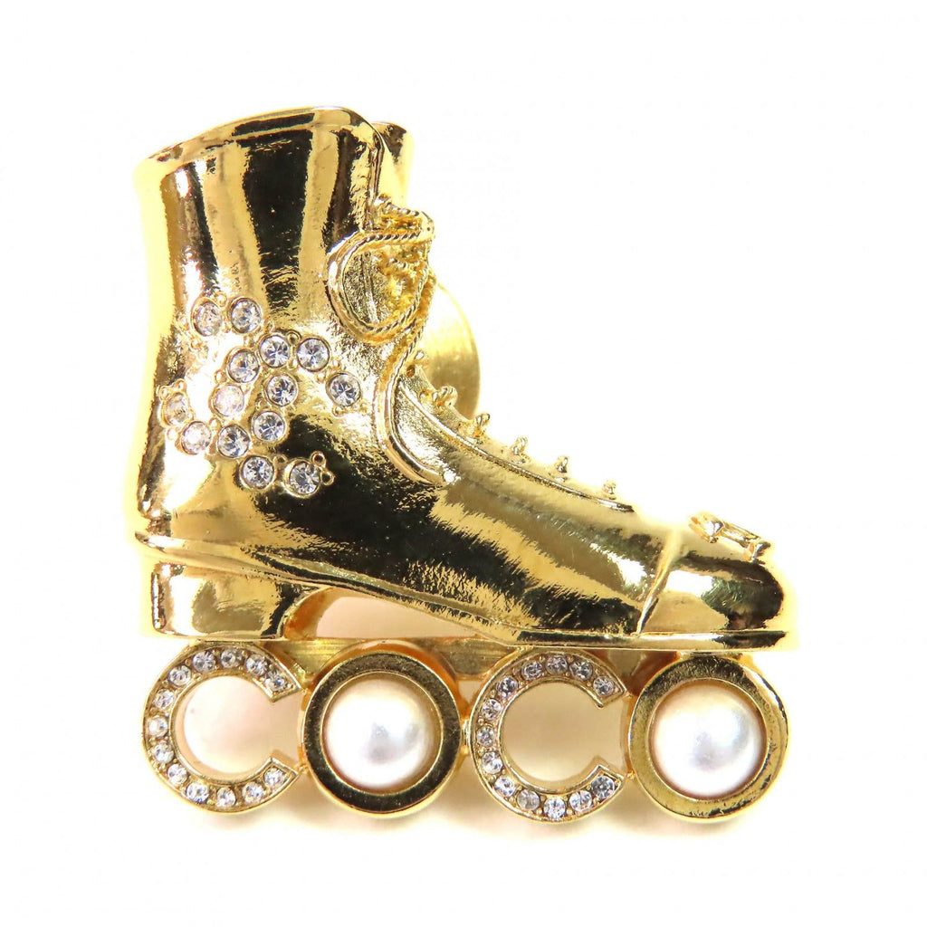 Chanel Roller Skates Coco Faux Pearl CC Logo Rhinestone Brooch Gold